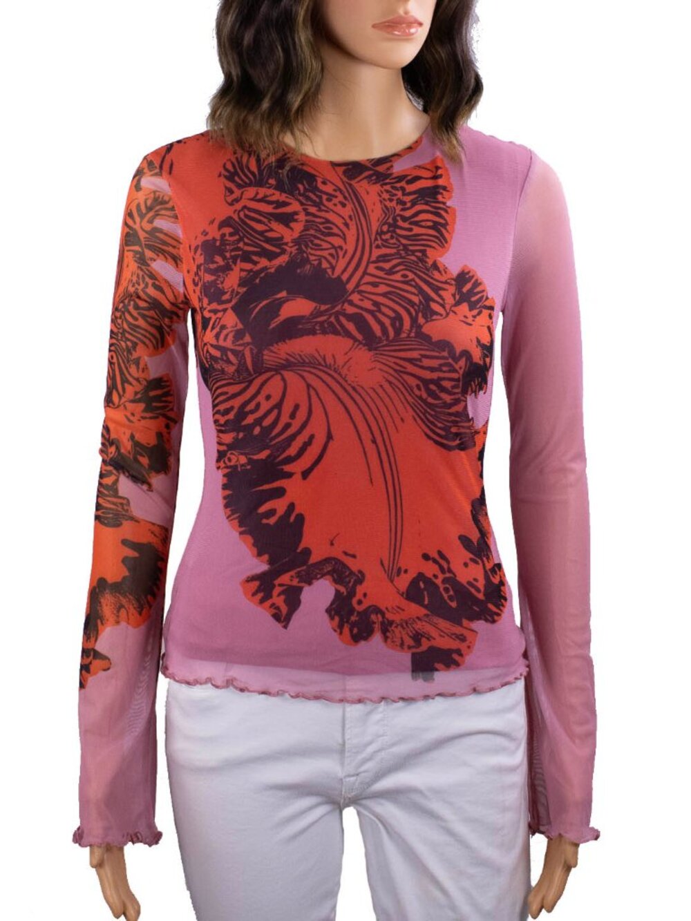 Desigual Christian Lacroix Mesh Top Size S NWT Orchid Print Long Sleeve